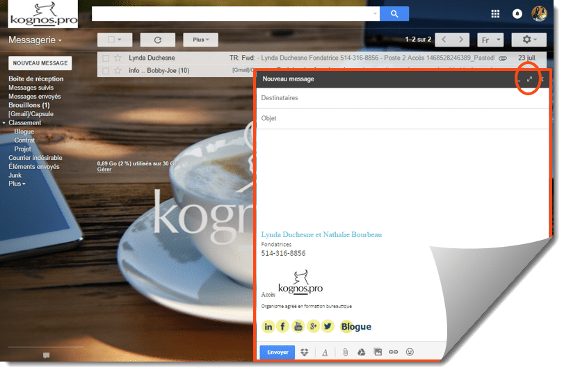 Gmail raccourci fenetre