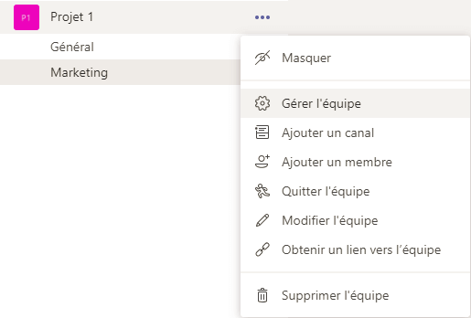 Teams - Menu gérer équipe