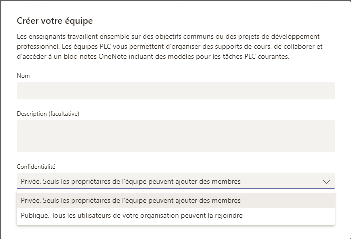 Teams - Nom, Description et Confidentialité